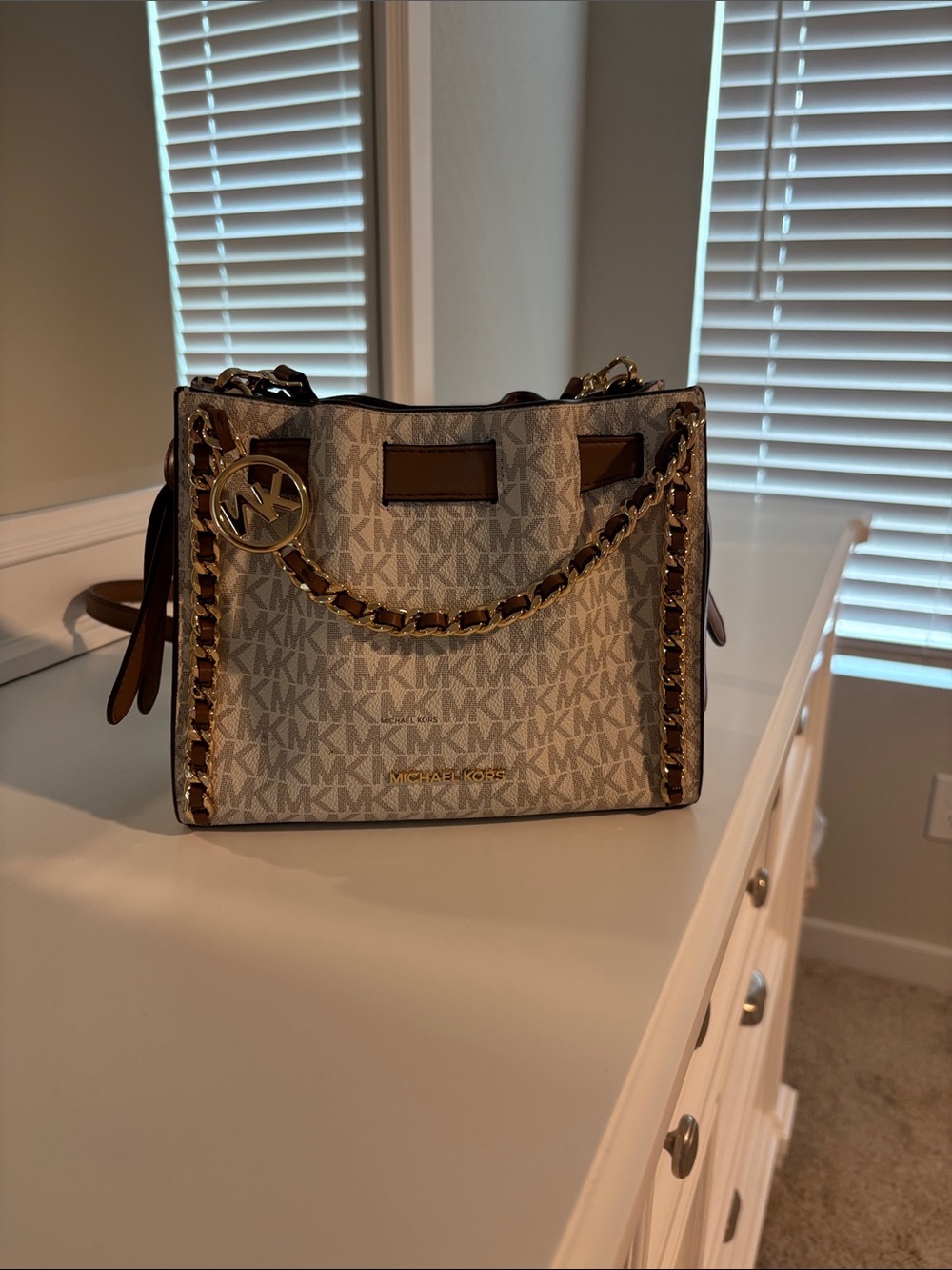 Michael Kors Beige and Brown Signature Chain-Trim Satchel